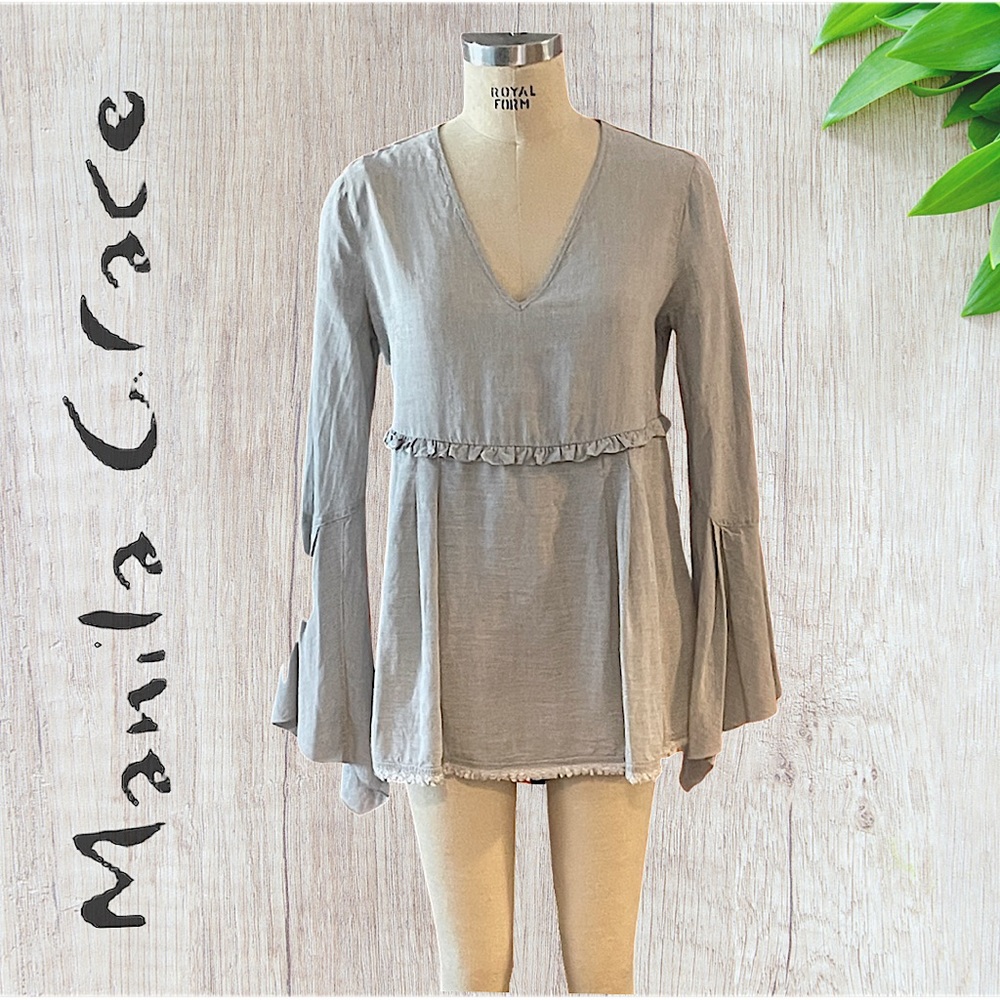 Manila Grace Woven Top. Empire Seamed, Bell Sleeves, Trims, Sz:42 (US: 8).